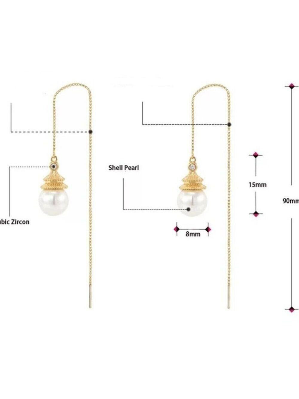 Cultured 7.75mm Pearl Earrings dangling from a 3.5 inch chain 18KY Plated - Picture 7 of 7